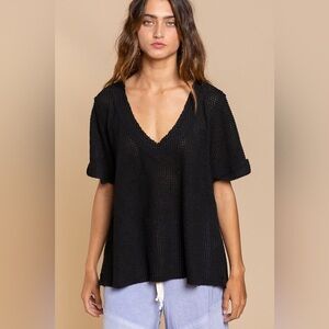 POL Oversized Waffle Weave Black Short Sleeve V-Neck Top Size Small
